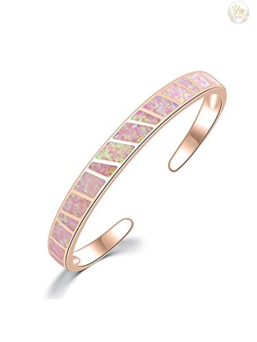 18K Rose Gold Plated Cuff Bangle Bracelet with Pink Fire Opal, Hypoallergenic